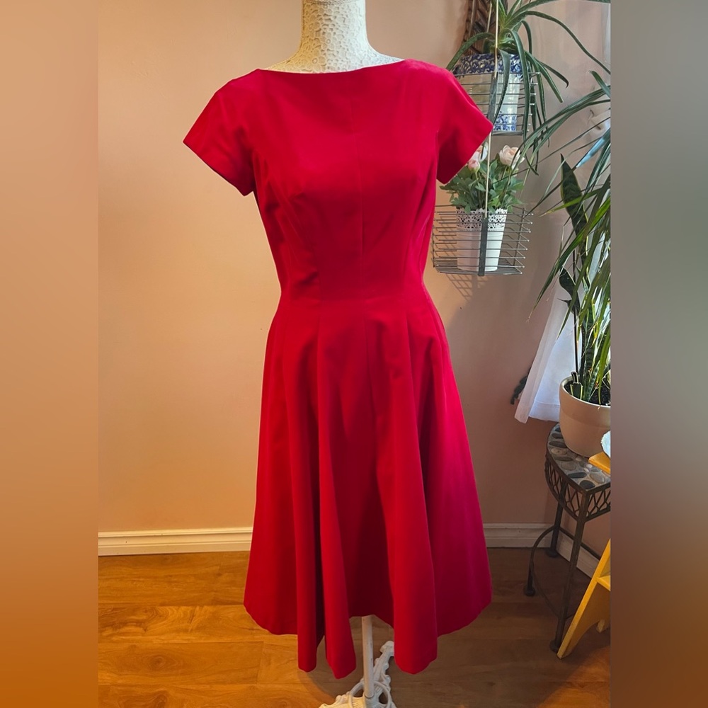 Bright Red Velvet Short Sleeve Full Skirt Cocktail Dress